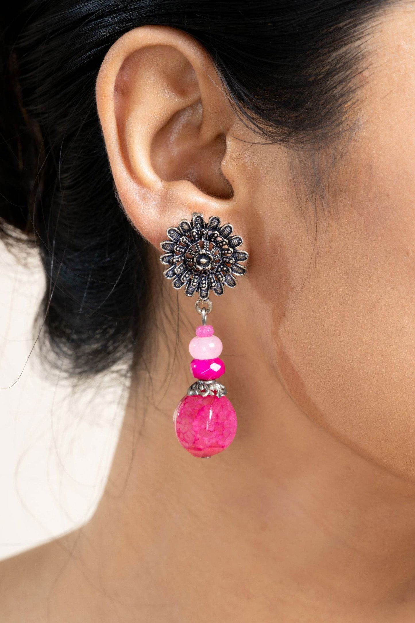 Handmade Fuchsia Pink Floral Rose Quartz Stud Earrings - Unique Semi Precious Jewelry - Lookandadorn.com