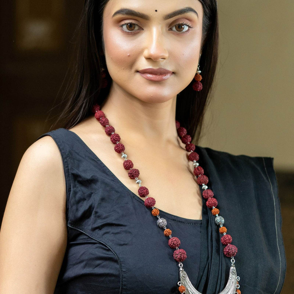 Handmade Crescent Design German Silver Necklace with Rudraksh Beads Jewelry Set - Lookandadorn.com