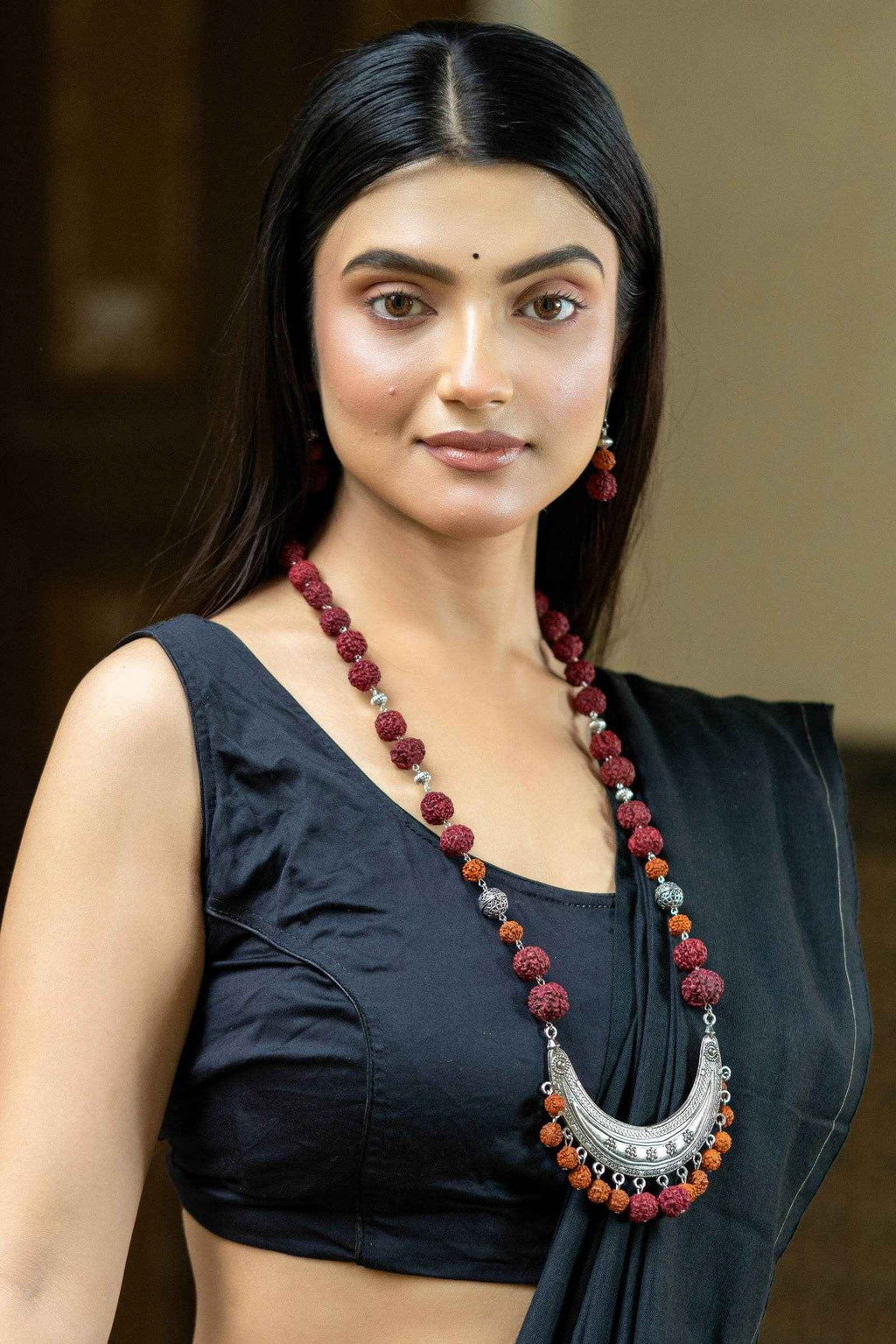 Handmade Crescent Design German Silver Necklace with Rudraksh Beads Jewelry Set - Lookandadorn.com