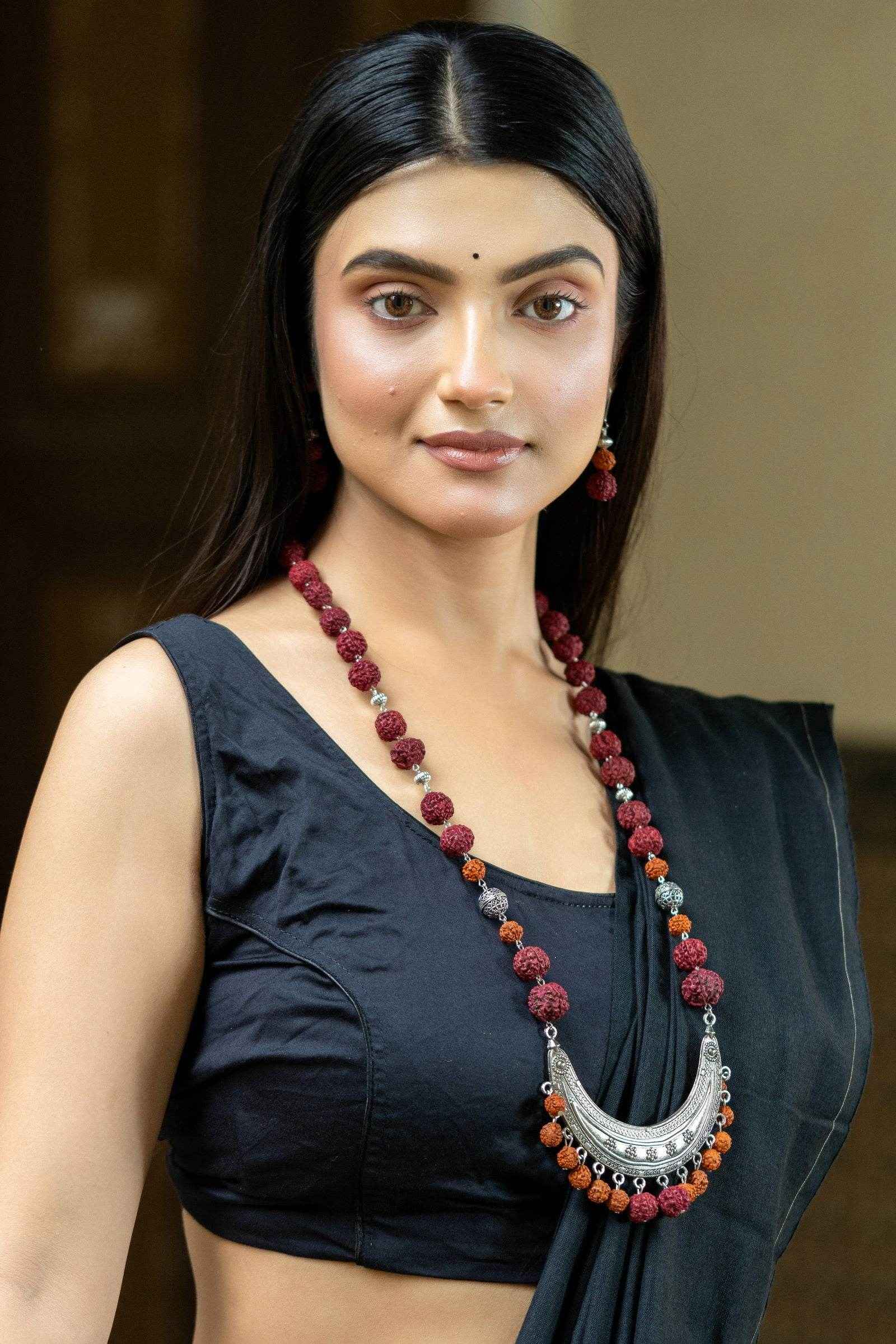 Handmade Crescent Design German Silver Necklace with Rudraksh Beads Jewelry Set - Lookandadorn.com