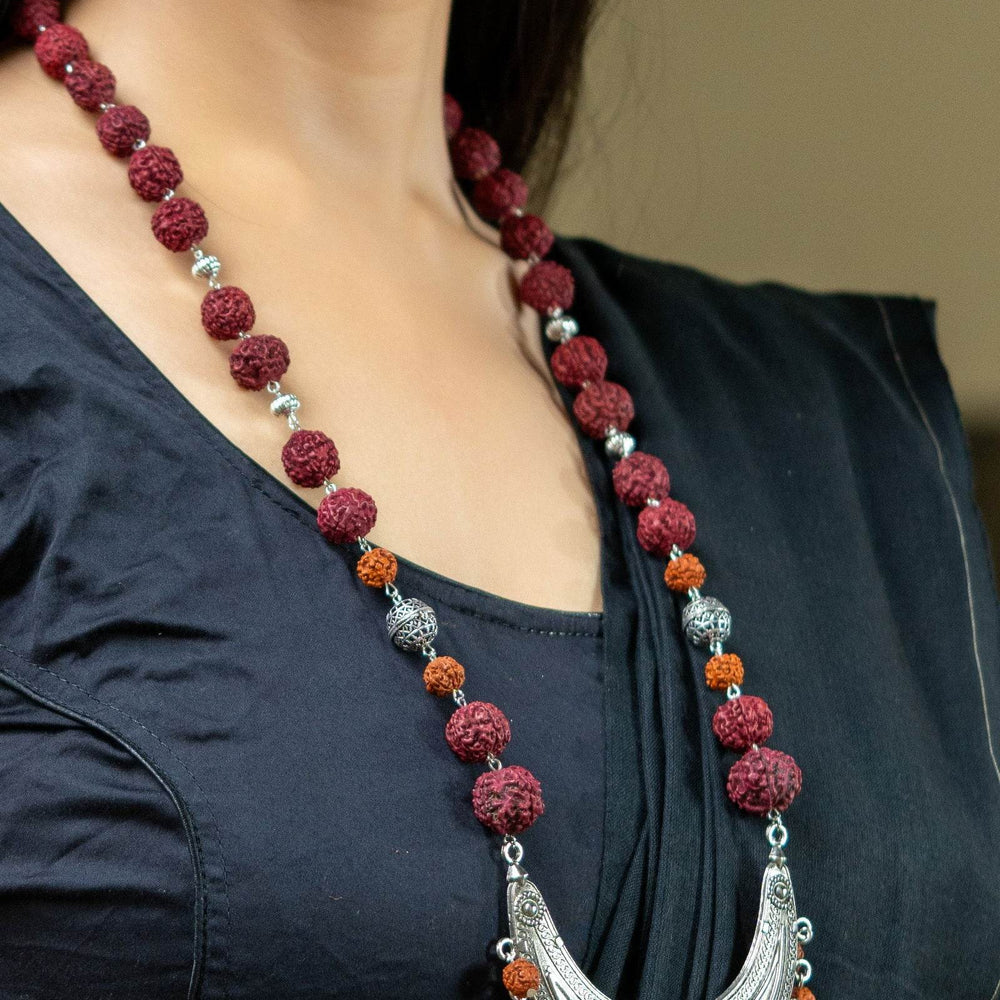 Handmade Crescent Design German Silver Necklace with Rudraksh Beads Jewelry Set - Lookandadorn.com
