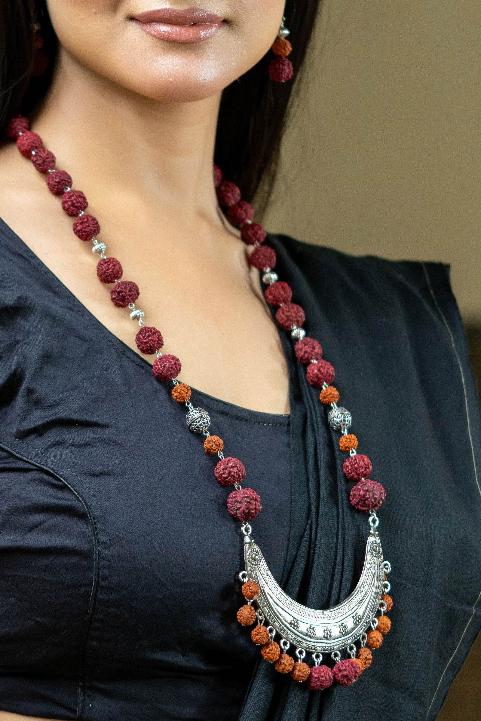 Handmade Crescent Design German Silver Necklace with Rudraksh Beads Jewelry Set - Lookandadorn.com