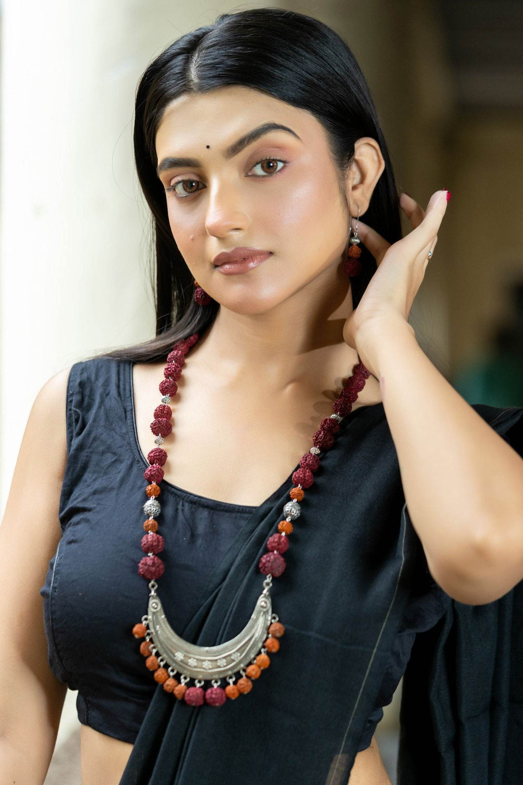 Handmade Crescent Design German Silver Necklace with Rudraksh Beads Jewelry Set - Lookandadorn.com