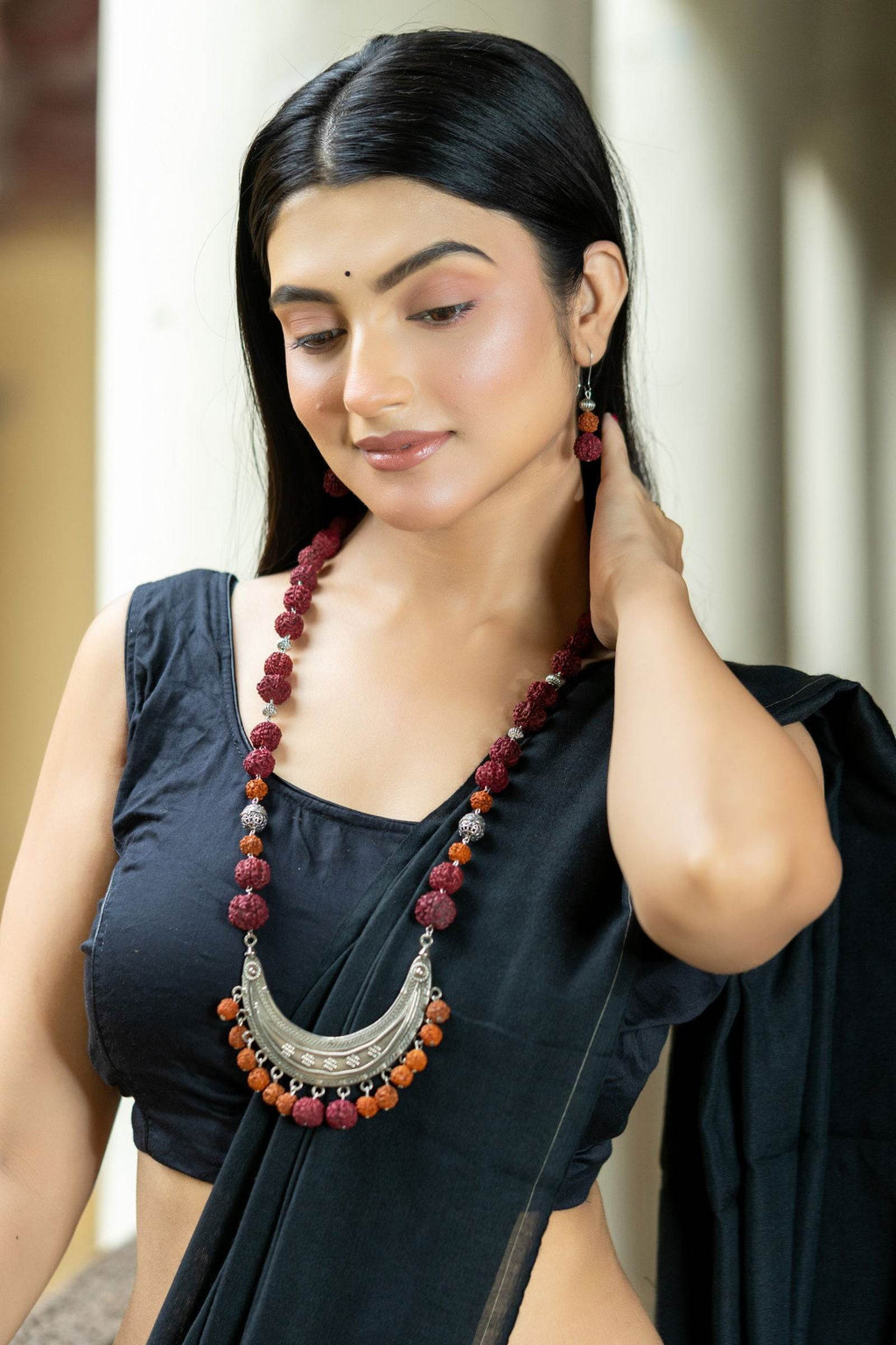 Handmade Crescent Design German Silver Necklace with Rudraksh Beads Jewelry Set - Lookandadorn.com