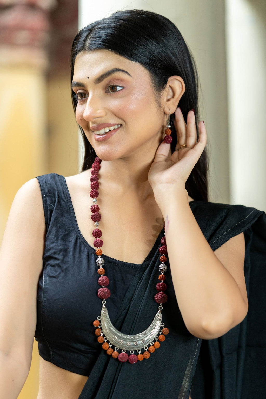 Handmade Crescent Design German Silver Necklace with Rudraksh Beads Jewelry Set - Lookandadorn.com