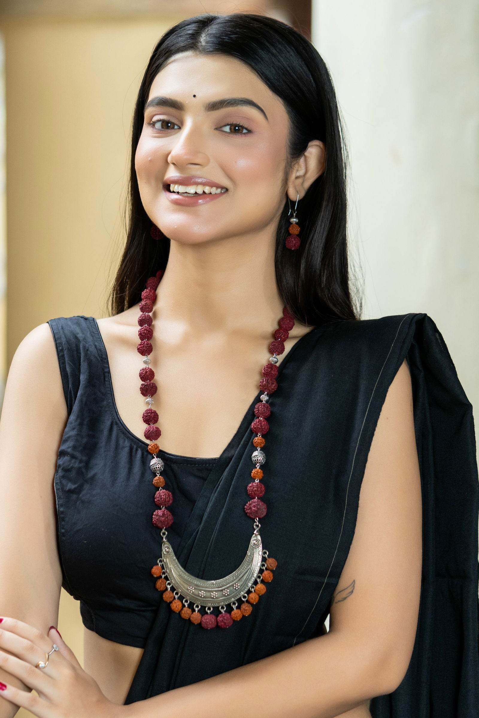 Handmade Crescent Design German Silver Necklace with Rudraksh Beads Jewelry Set - Lookandadorn.com