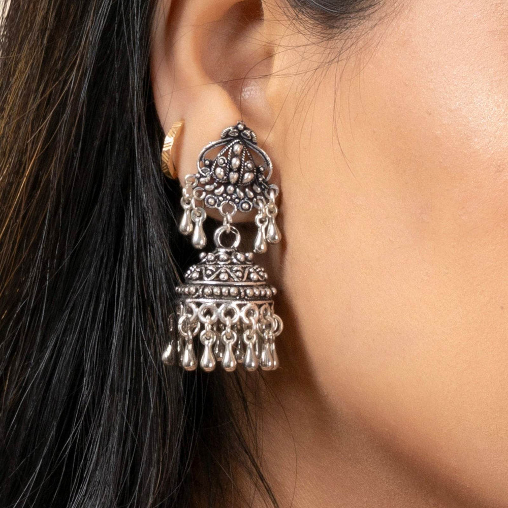Handmade German Silver Designer Stud Jhumkas with Oxidized Finish Earrings for Daily Wear and Parties - Lookandadorn.com