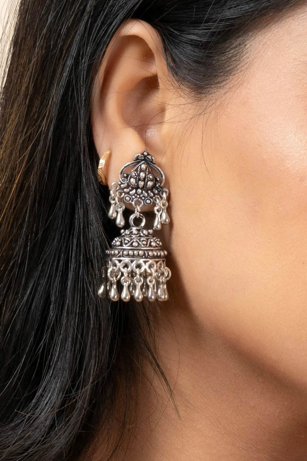 Handmade German Silver Designer Stud Jhumkas with Oxidized Finish Earrings for Daily Wear and Parties - Lookandadorn.com