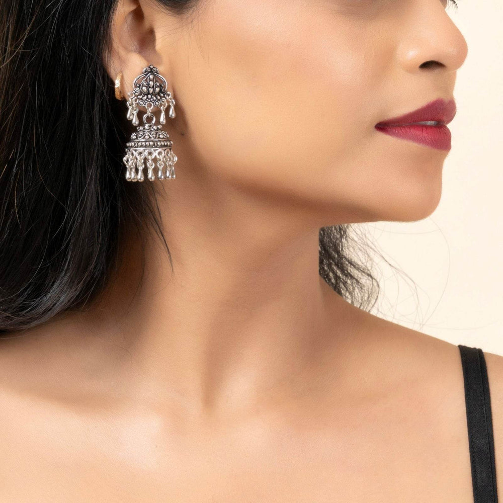 Handmade German Silver Designer Stud Jhumkas with Oxidized Finish Earrings for Daily Wear and Parties - Lookandadorn.com