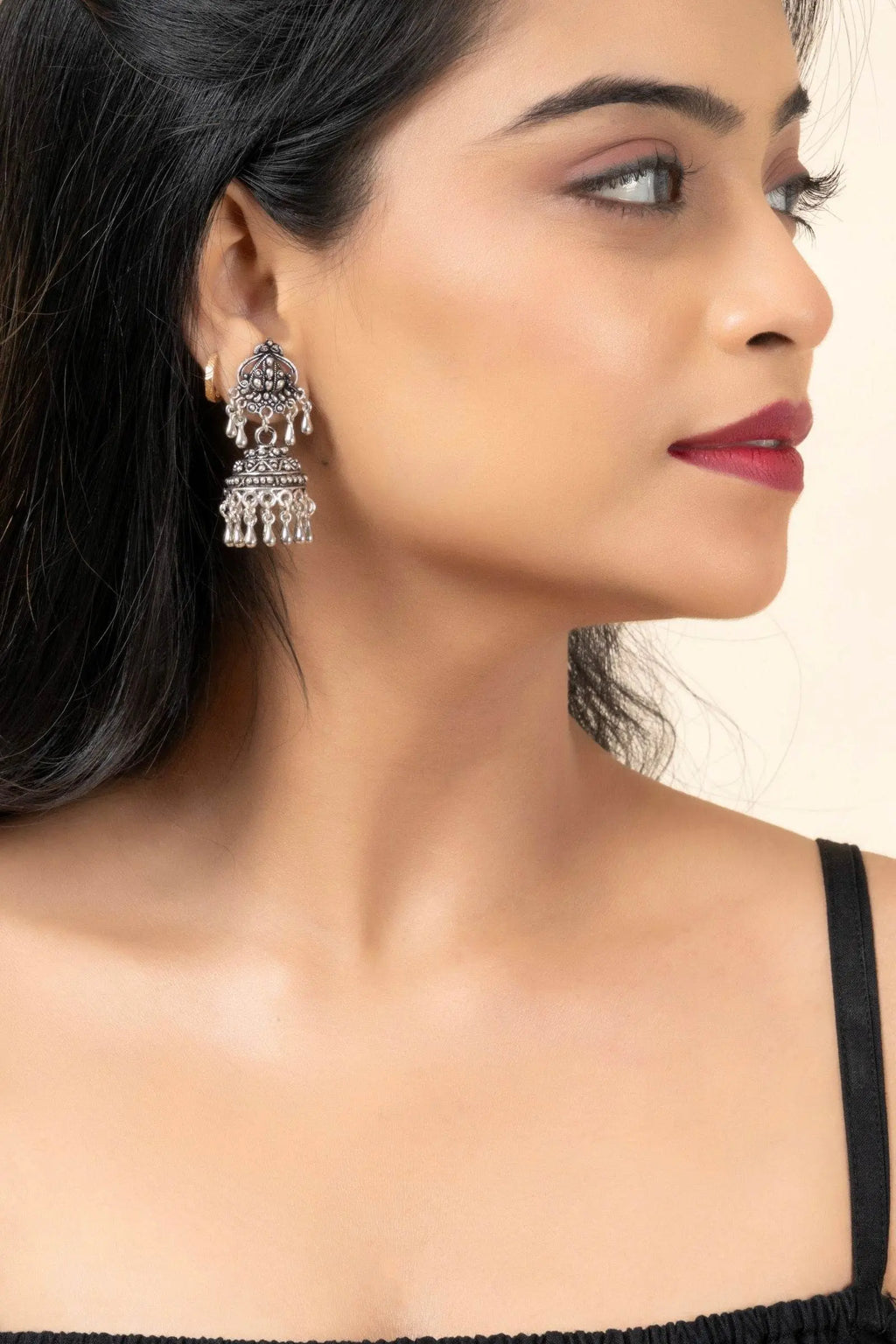 Handmade German Silver Designer Stud Jhumkas with Oxidized Finish Earrings for Daily Wear and Parties - Lookandadorn.com