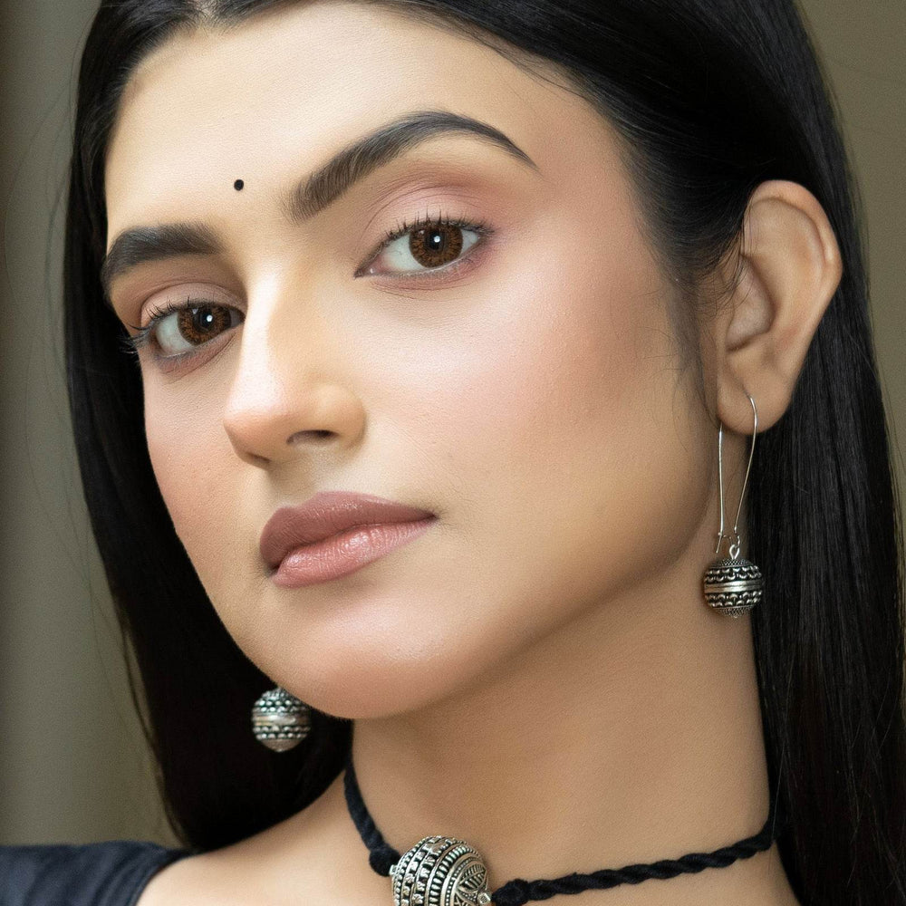 Handmade German Silver Focal Bead Choker Necklace Set with Black Dori and Earrings for Elegant Style - Lookandadorn.com