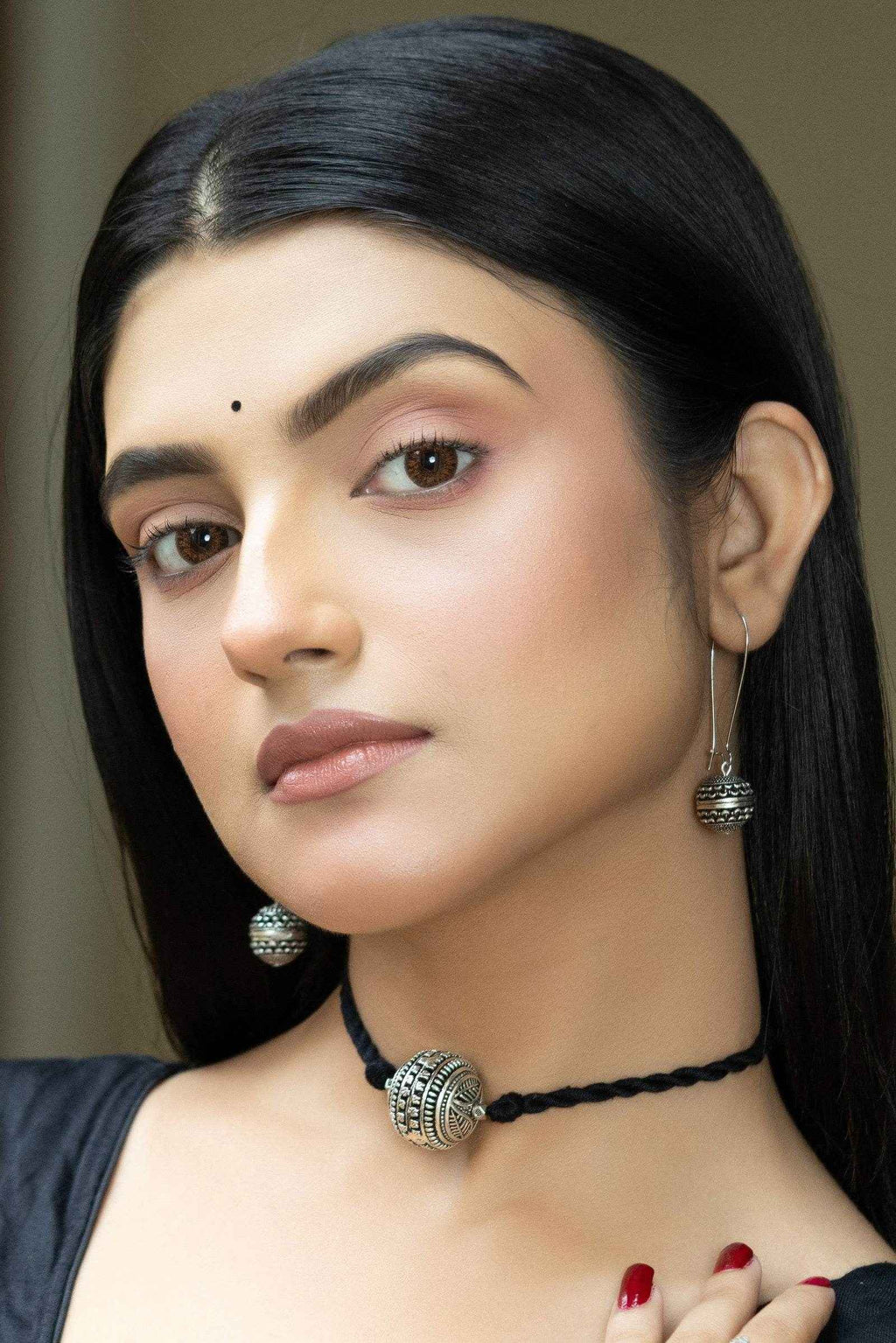 Handmade German Silver Focal Bead Choker Necklace Set with Black Dori and Earrings for Elegant Style - Lookandadorn.com