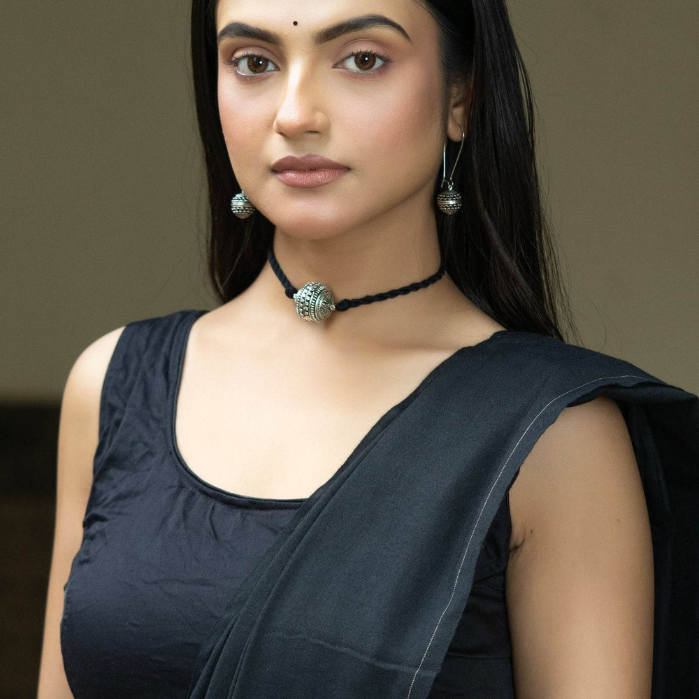 Handmade German Silver Focal Bead Choker Necklace Set with Black Dori and Earrings for Elegant Style - Lookandadorn.com