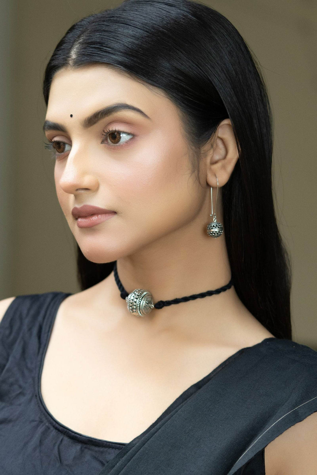 Handmade German Silver Focal Bead Choker Necklace Set with Black Dori and Earrings for Elegant Style - Lookandadorn.com