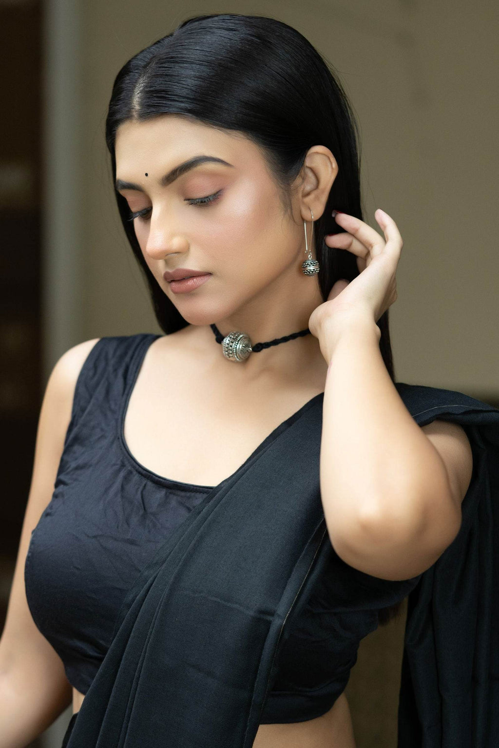 Handmade German Silver Focal Bead Choker Necklace Set with Black Dori and Earrings for Elegant Style - Lookandadorn.com