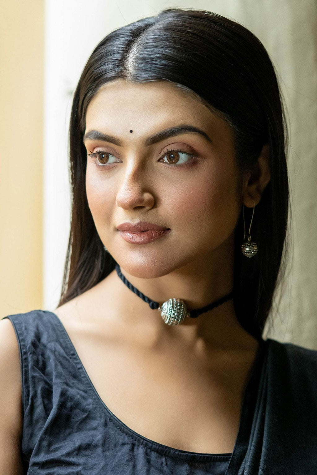 Handmade German Silver Focal Bead Choker Necklace Set with Black Dori and Earrings for Elegant Style - Lookandadorn.com