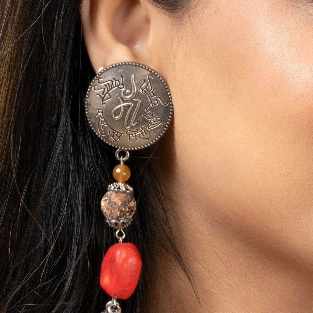Handmade Scripted German Silver Stud with Jasper and Coral Stone & Ghungroo Drop Earrings - Lookandadorn.com