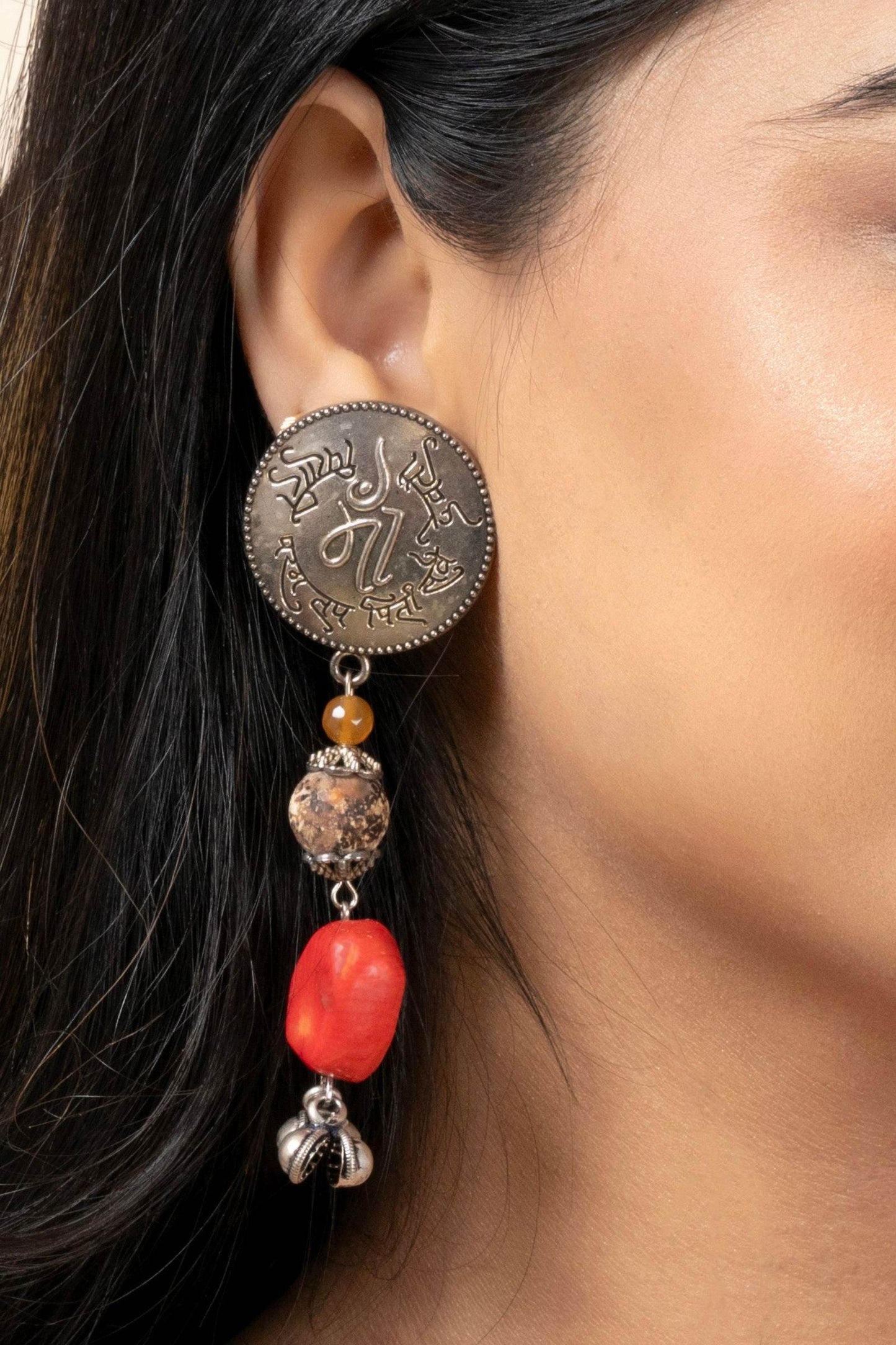 Handmade Scripted German Silver Stud with Jasper and Coral Stone & Ghungroo Drop Earrings - Lookandadorn.com