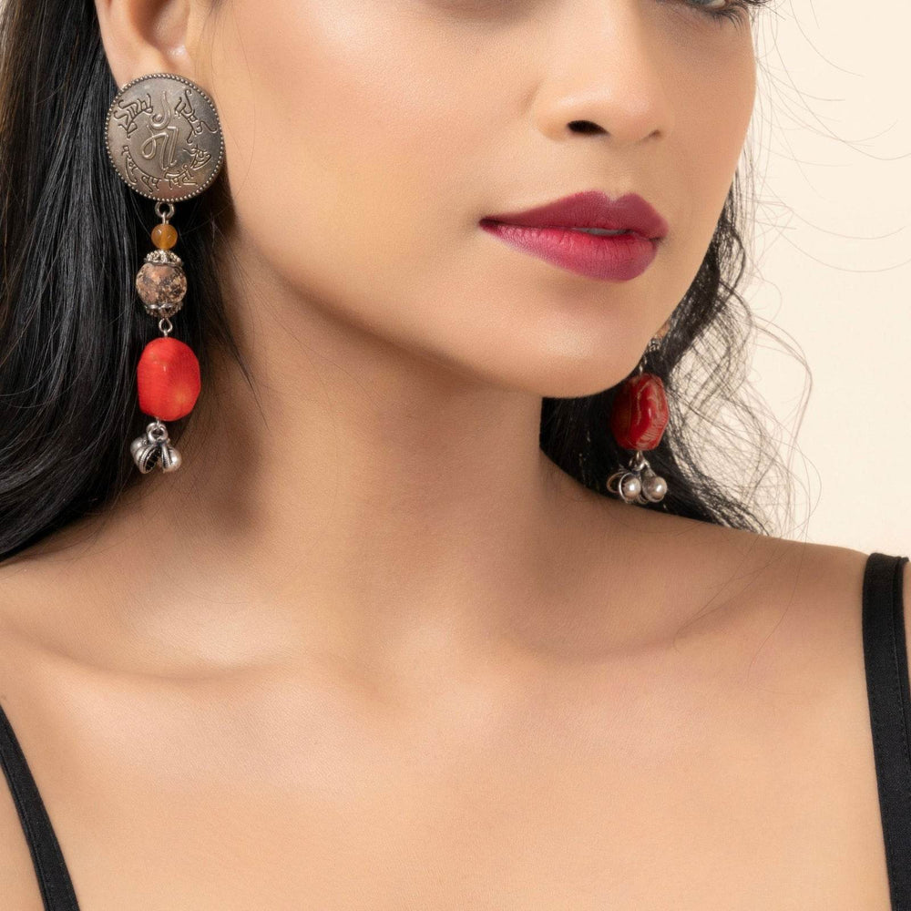 Handmade Scripted German Silver Stud with Jasper and Coral Stone & Ghungroo Drop Earrings - Lookandadorn.com