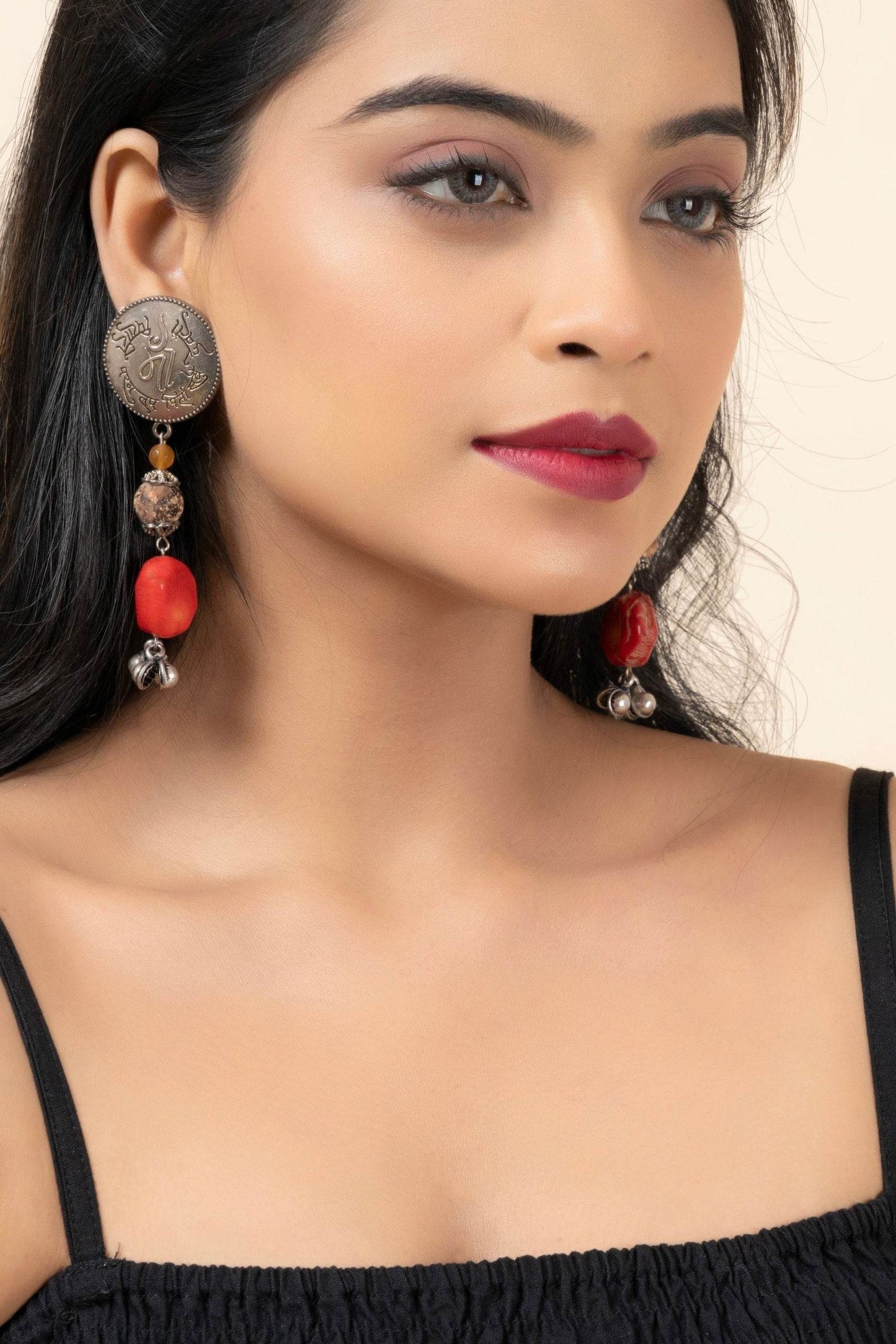 Handmade Scripted German Silver Stud with Jasper and Coral Stone & Ghungroo Drop Earrings - Lookandadorn.com