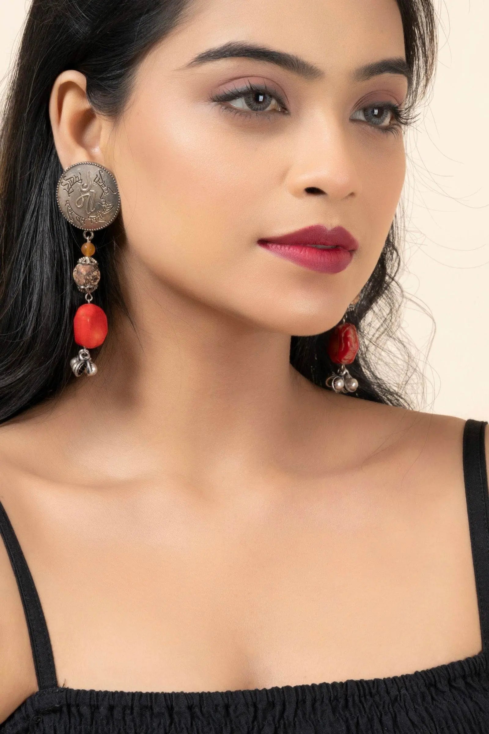 Handmade Scripted German Silver Stud with Jasper and Coral Stone & Ghungroo Drop Earrings - Lookandadorn.com