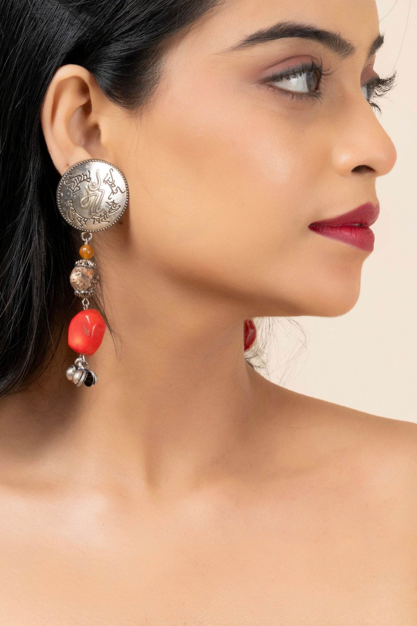 Handmade Scripted German Silver Stud with Jasper and Coral Stone & Ghungroo Drop Earrings - Lookandadorn.com