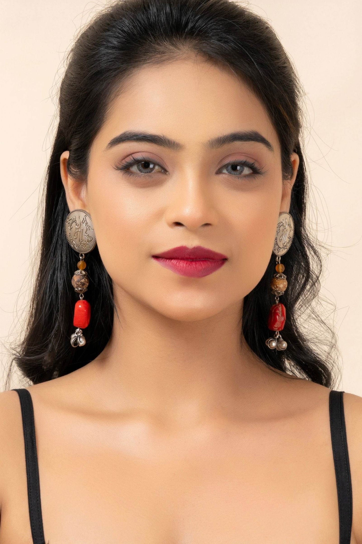 Handmade Scripted German Silver Stud with Jasper and Coral Stone & Ghungroo Drop Earrings - Lookandadorn.com