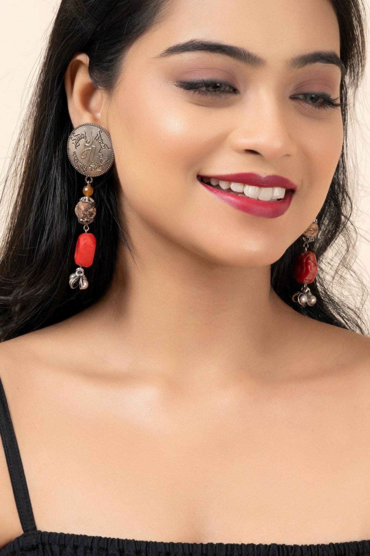 Handmade Scripted German Silver Stud with Jasper and Coral Stone & Ghungroo Drop Earrings - Lookandadorn.com