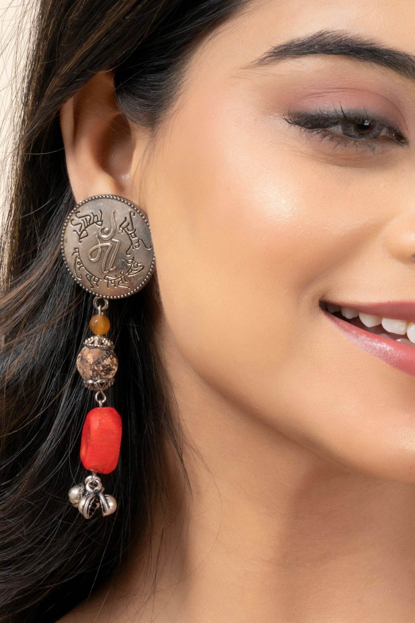 Handmade Scripted German Silver Stud with Jasper and Coral Stone & Ghungroo Drop Earrings - Lookandadorn.com