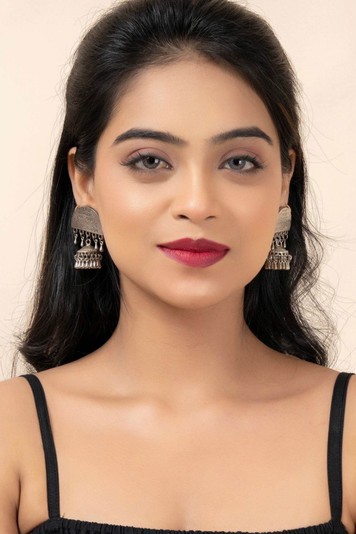 Handmade Scripted German Silver Stud with Jasper and Coral Stone & Ghungroo Drop Earrings - Lookandadorn.com