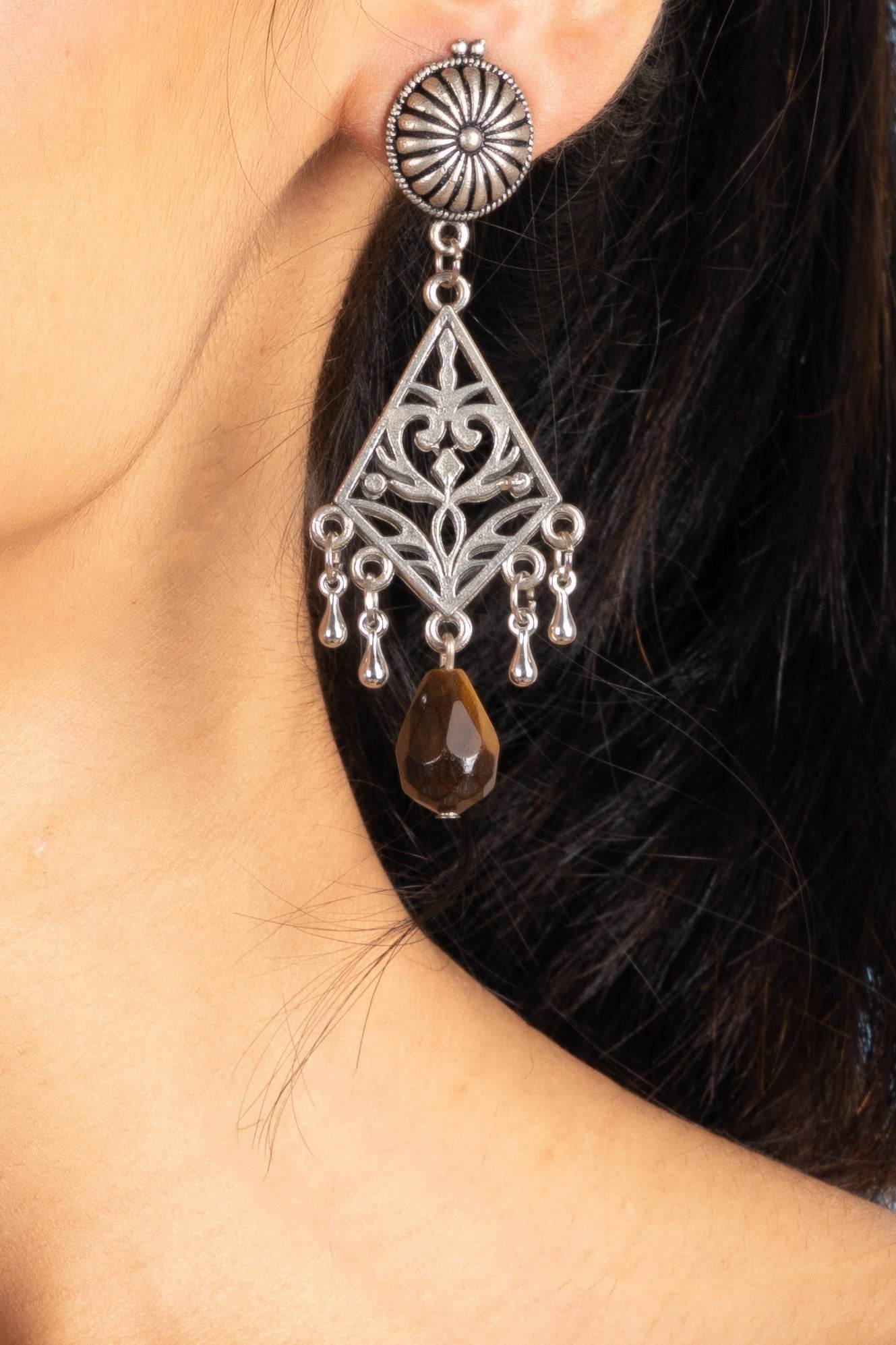 Handmade Semi-Precious Tiger Eye Stone with German Silver Stud Earrings for Elegant Style - Lookandadorn.com