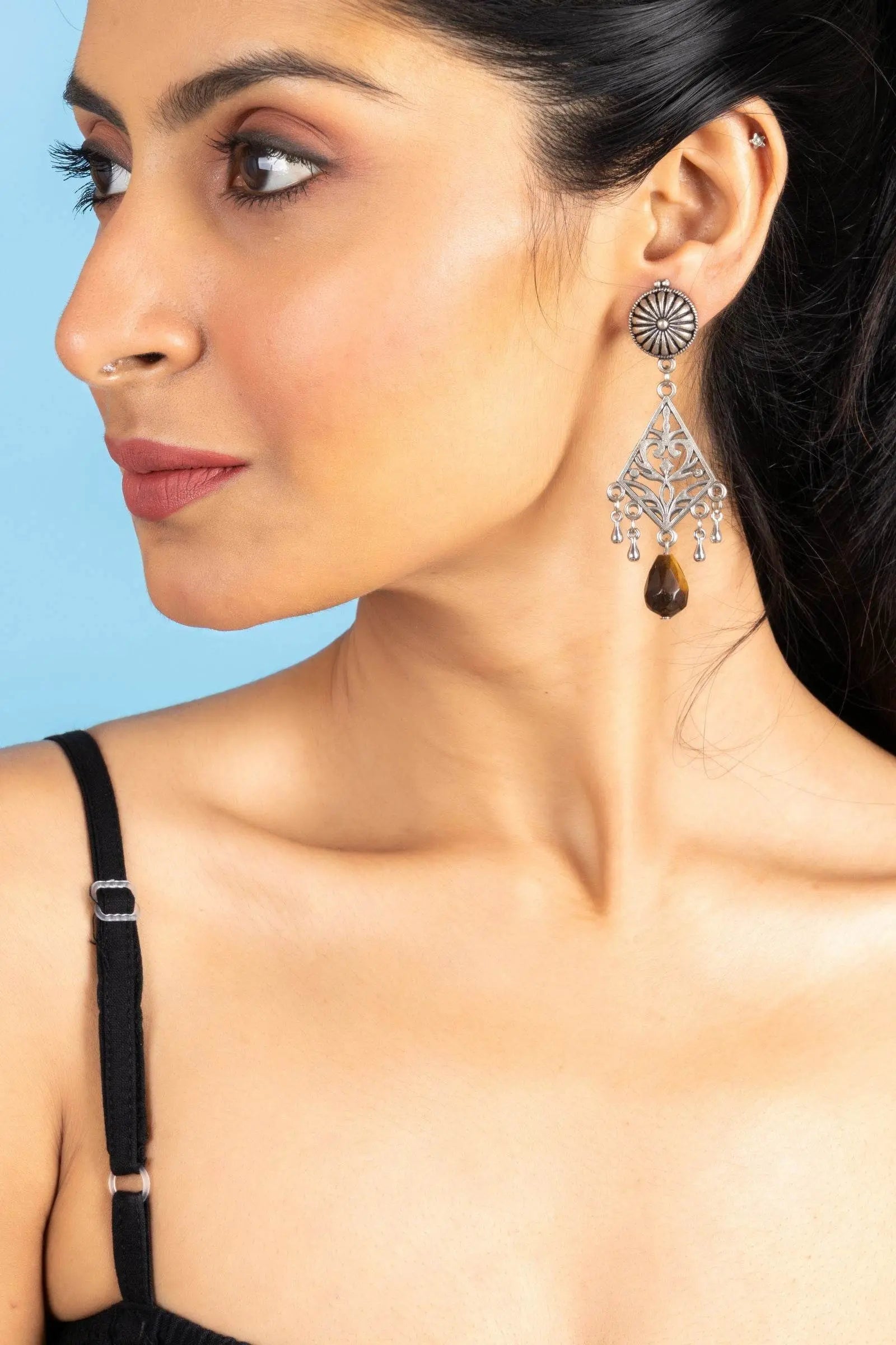 Handmade Semi-Precious Tiger Eye Stone with German Silver Stud Earrings for Elegant Style - Lookandadorn.com
