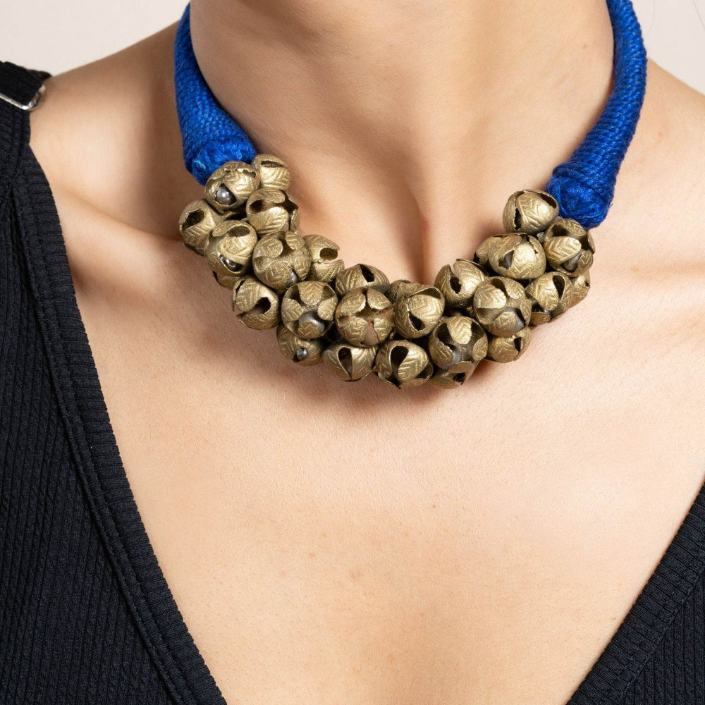 Handmade Golden Brass Ghungroo Necklace, Adjustable Dori, Unique Ghungroo Jewelry for Women - Lookandadorn.com