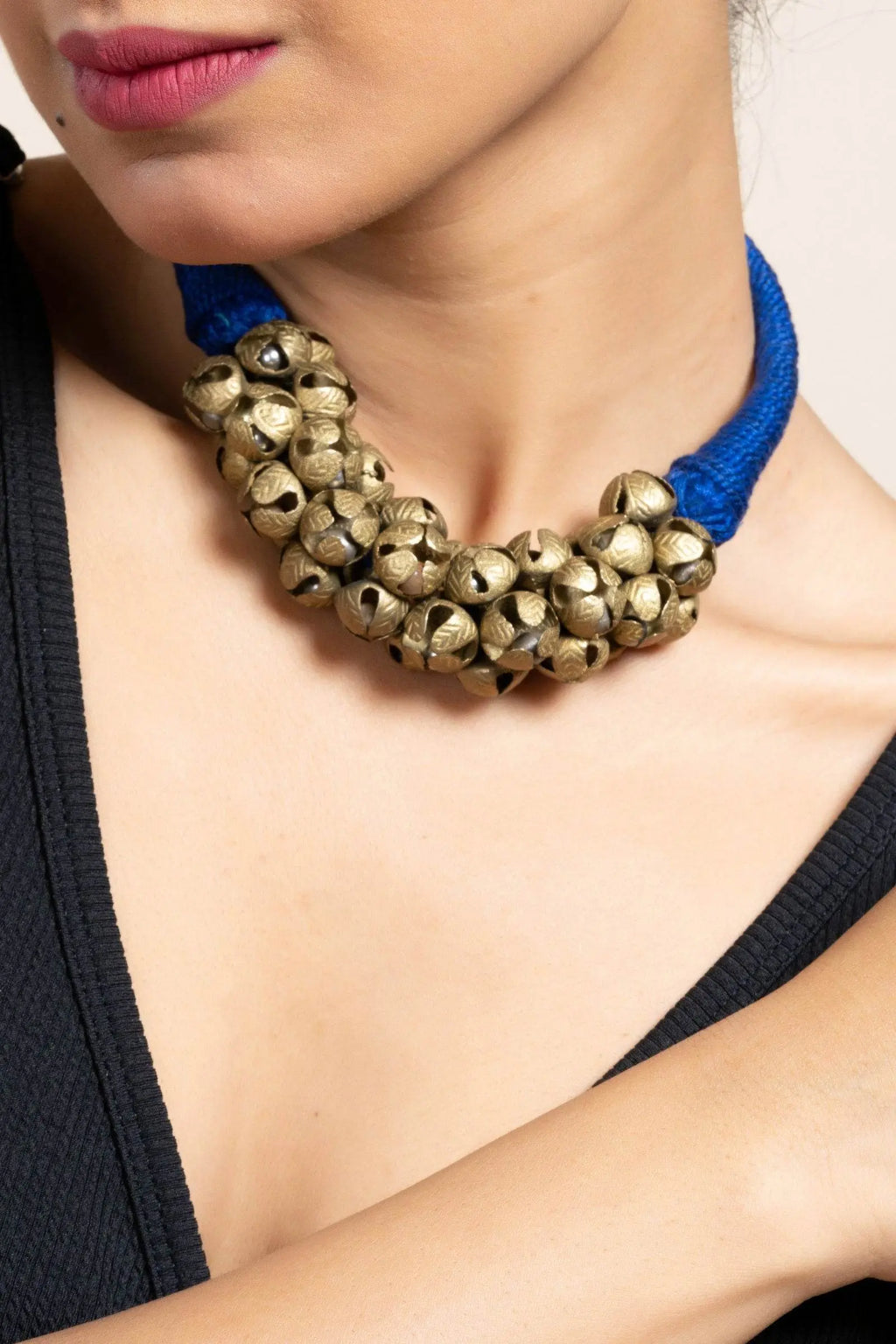 Handmade Golden Brass Ghungroo Necklace, Adjustable Dori, Unique Ghungroo Jewelry for Women - Lookandadorn.com