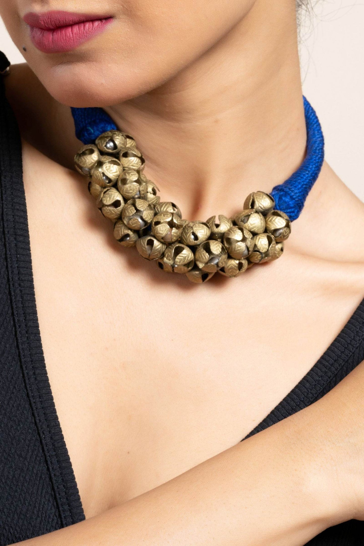 Handmade Golden Brass Ghungroo Necklace, Adjustable Dori, Unique Ghungroo Jewelry for Women - Lookandadorn.com