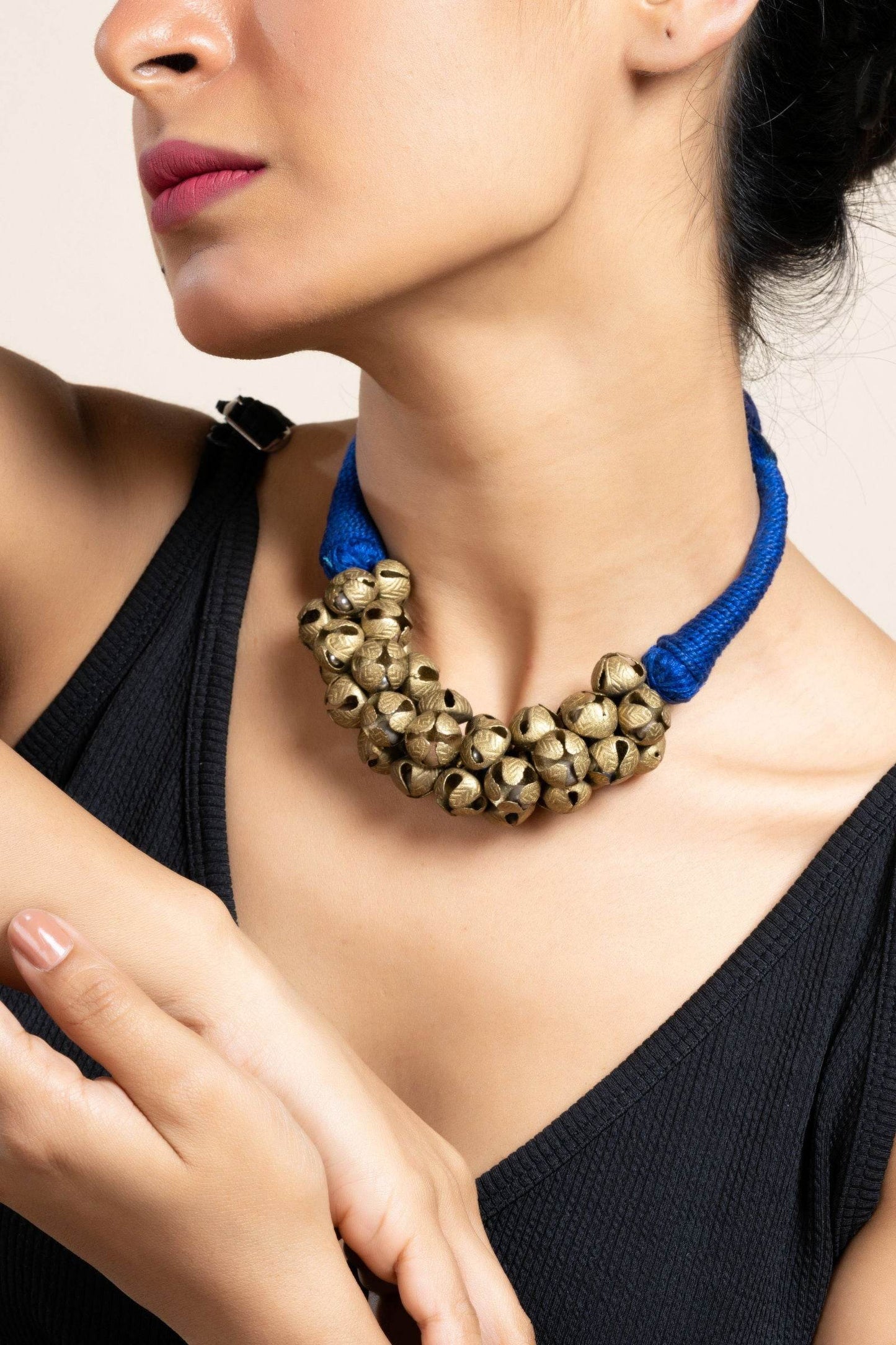 Handmade Golden Brass Ghungroo Necklace, Adjustable Dori, Unique Ghungroo Jewelry for Women - Lookandadorn.com