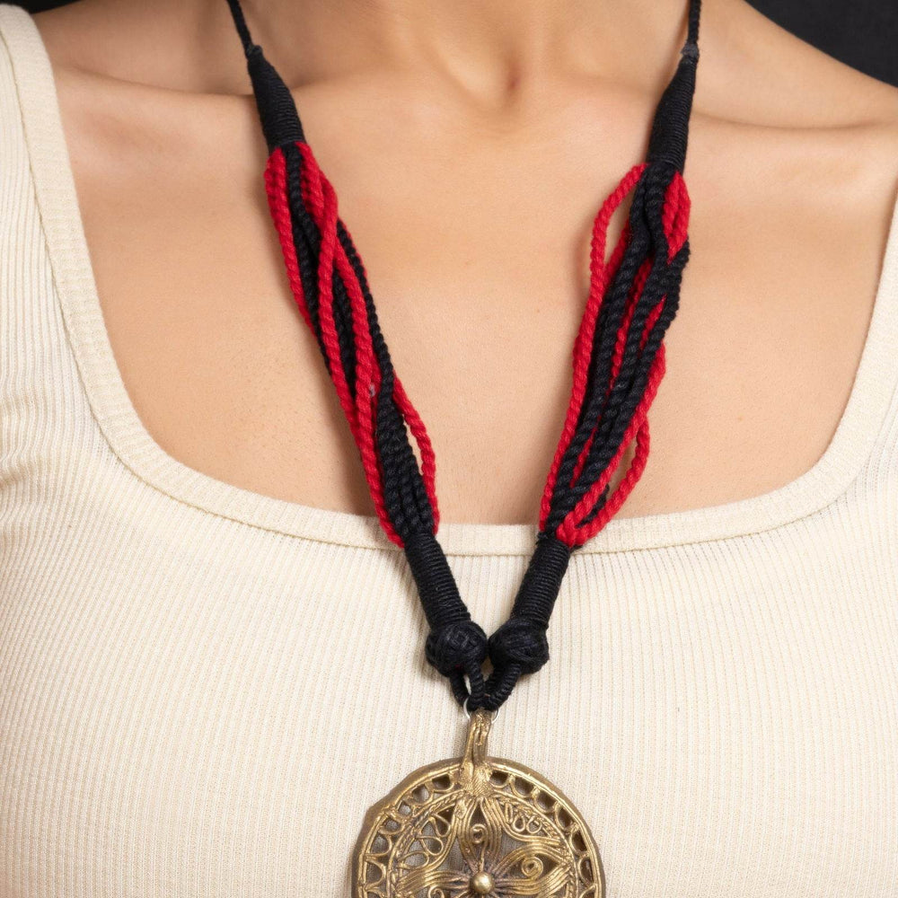 Handcrafted Golden Floral Dokra Pendant Necklace with Adjustable Red Black Dori for Women - Lookandadorn.com