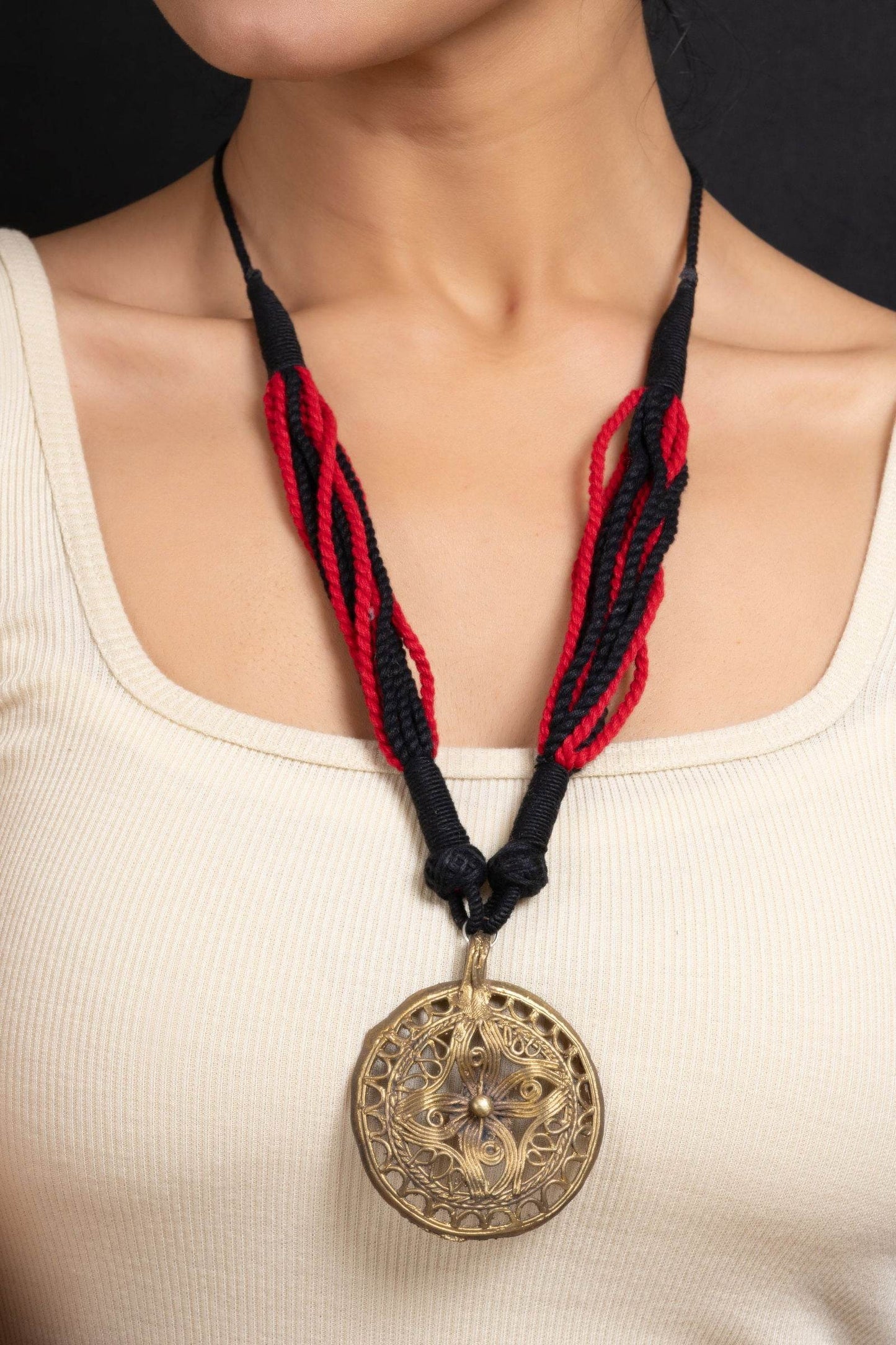 Handcrafted Golden Floral Dokra Pendant Necklace with Adjustable Red Black Dori for Women - Lookandadorn.com
