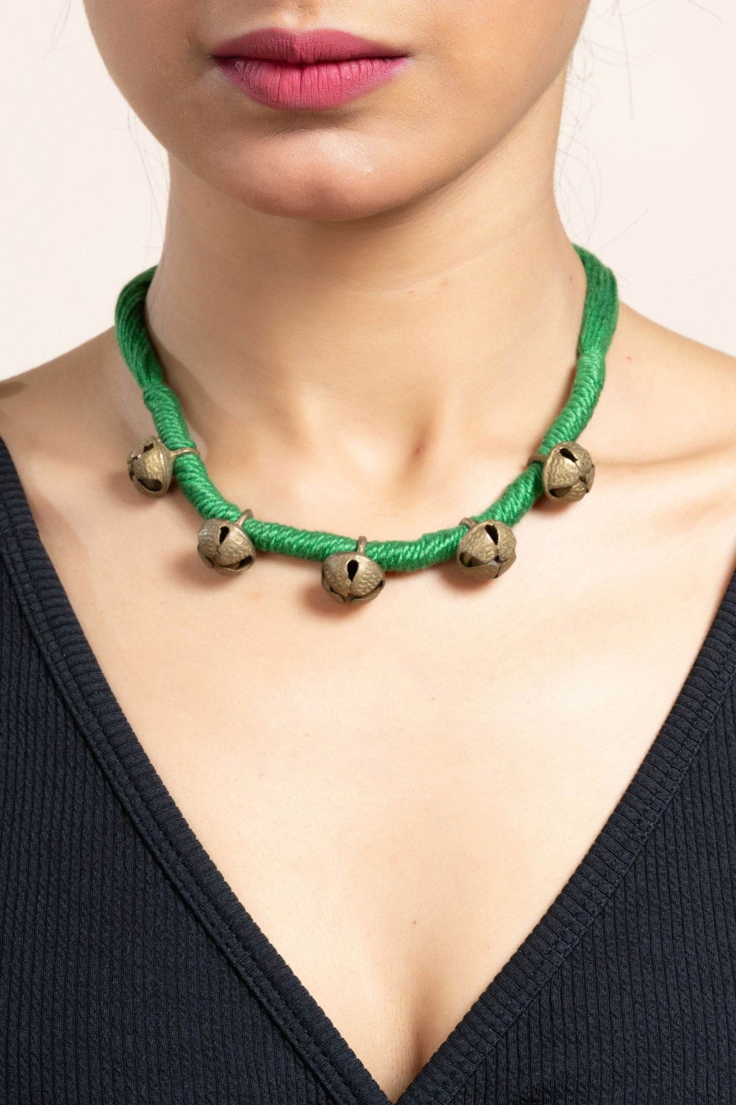 Handmade Green Golden Ghungroo Neckpiece with Adjustable Dori for Women - Unique Lightweight Jewelry - Lookandadorn.com