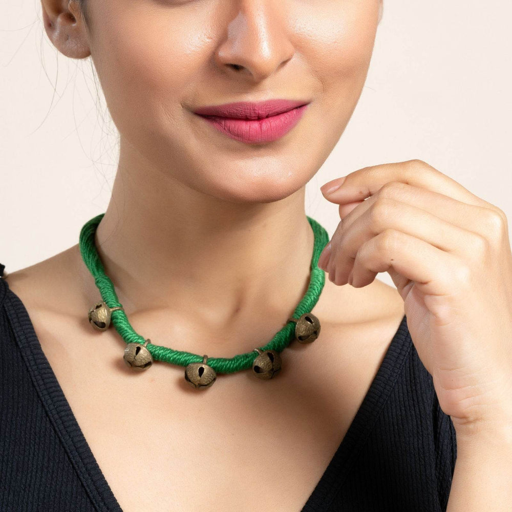 Handmade Green Golden Ghungroo Neckpiece with Adjustable Dori for Women - Unique Lightweight Jewelry - Lookandadorn.com