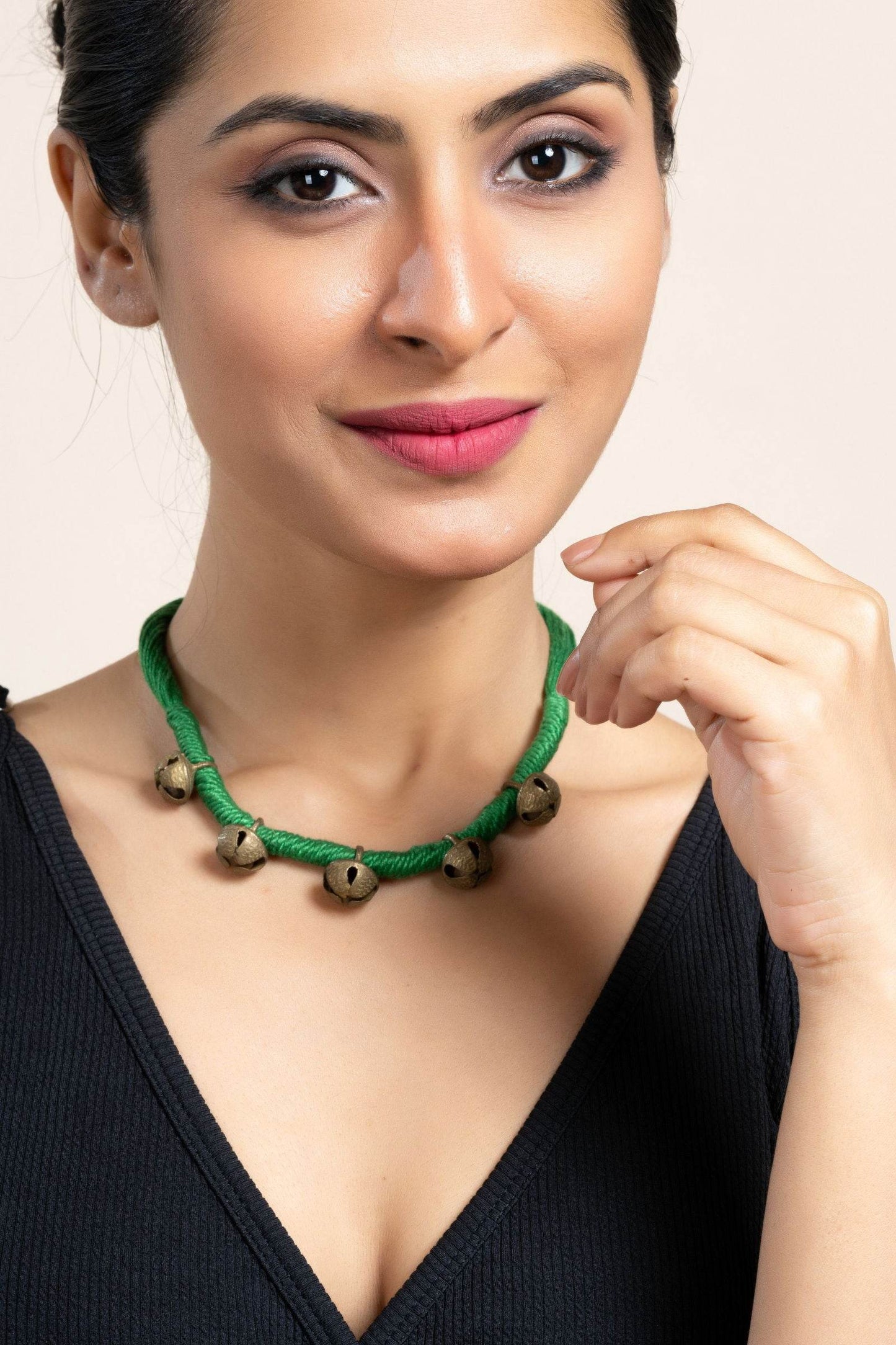 Handmade Green Golden Ghungroo Neckpiece with Adjustable Dori for Women - Unique Lightweight Jewelry - Lookandadorn.com