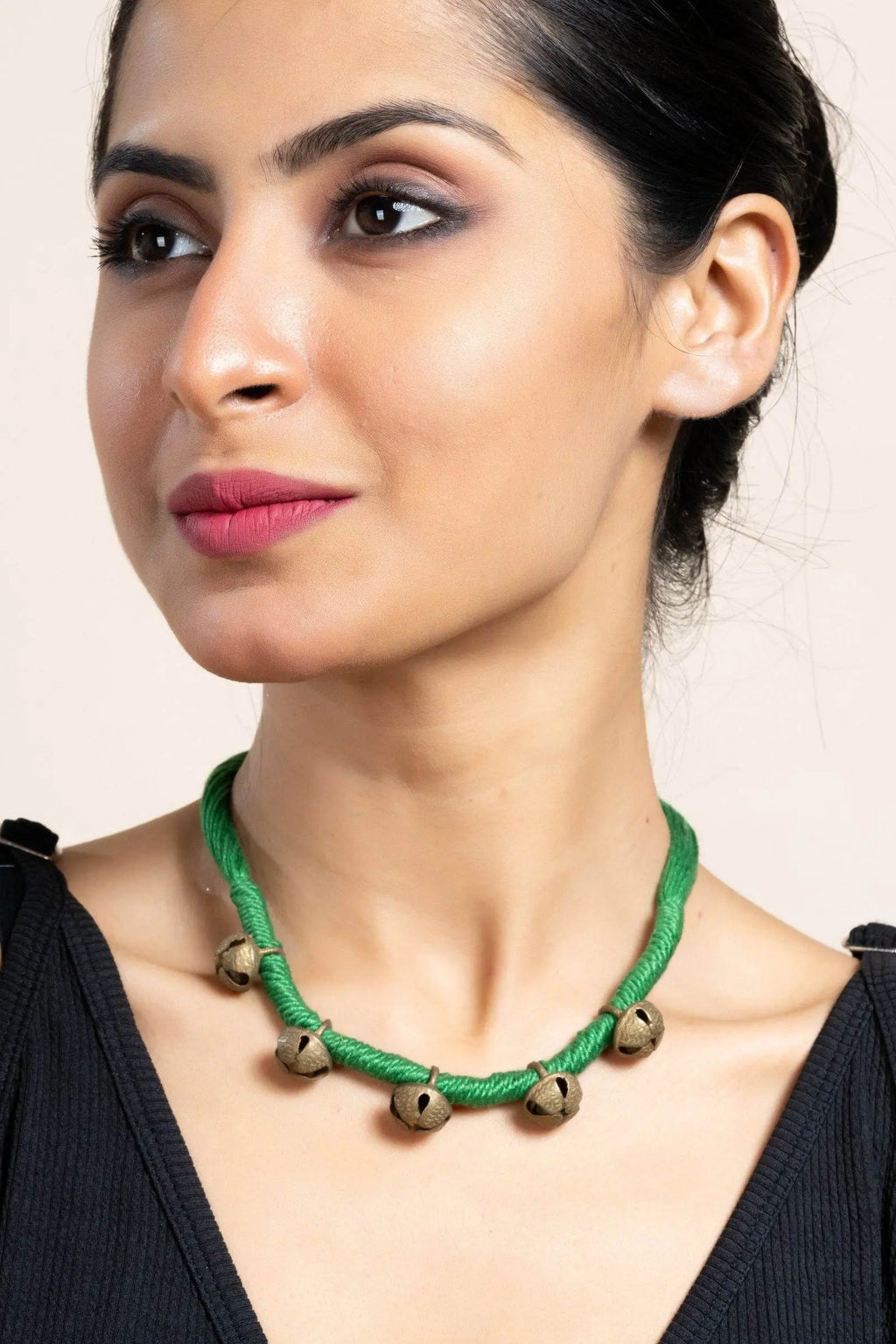 Handmade Green Golden Ghungroo Neckpiece with Adjustable Dori for Women - Unique Lightweight Jewelry - Lookandadorn.com
