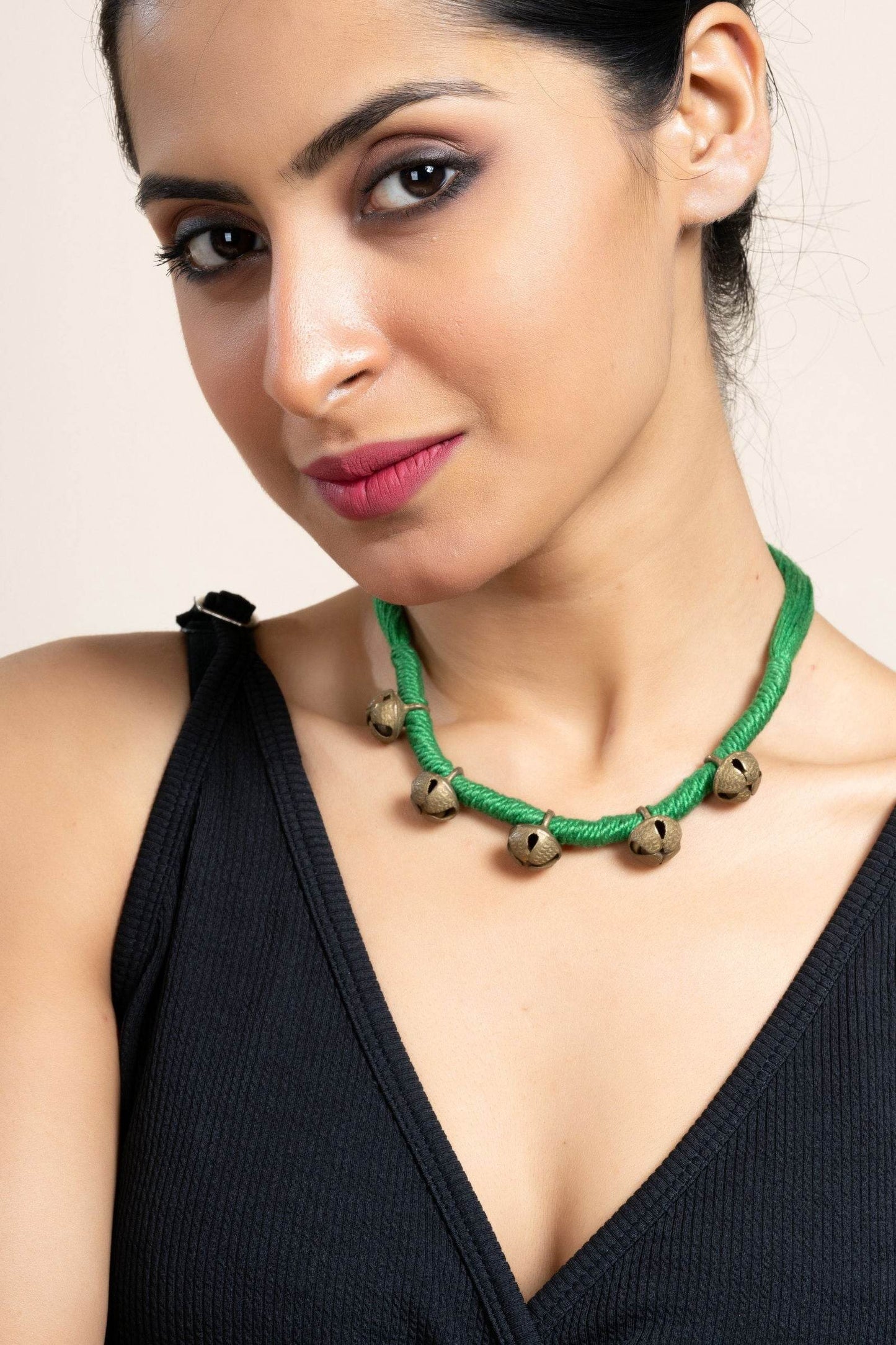 Handmade Green Golden Ghungroo Neckpiece with Adjustable Dori for Women - Unique Lightweight Jewelry - Lookandadorn.com