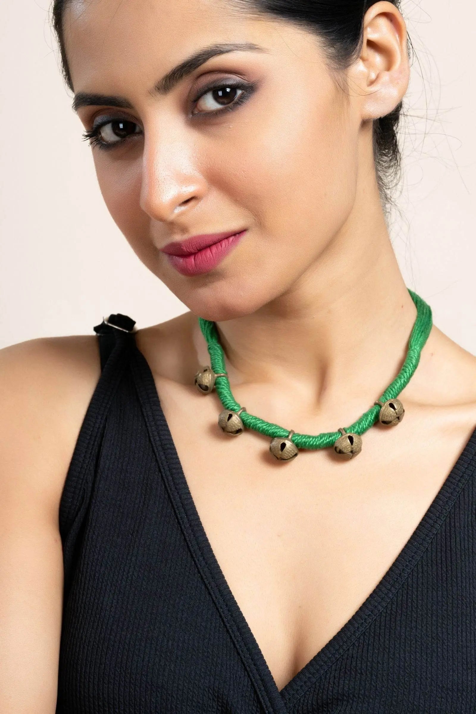 Handmade Green Golden Ghungroo Neckpiece with Adjustable Dori for Women - Unique Lightweight Jewelry - Lookandadorn.com