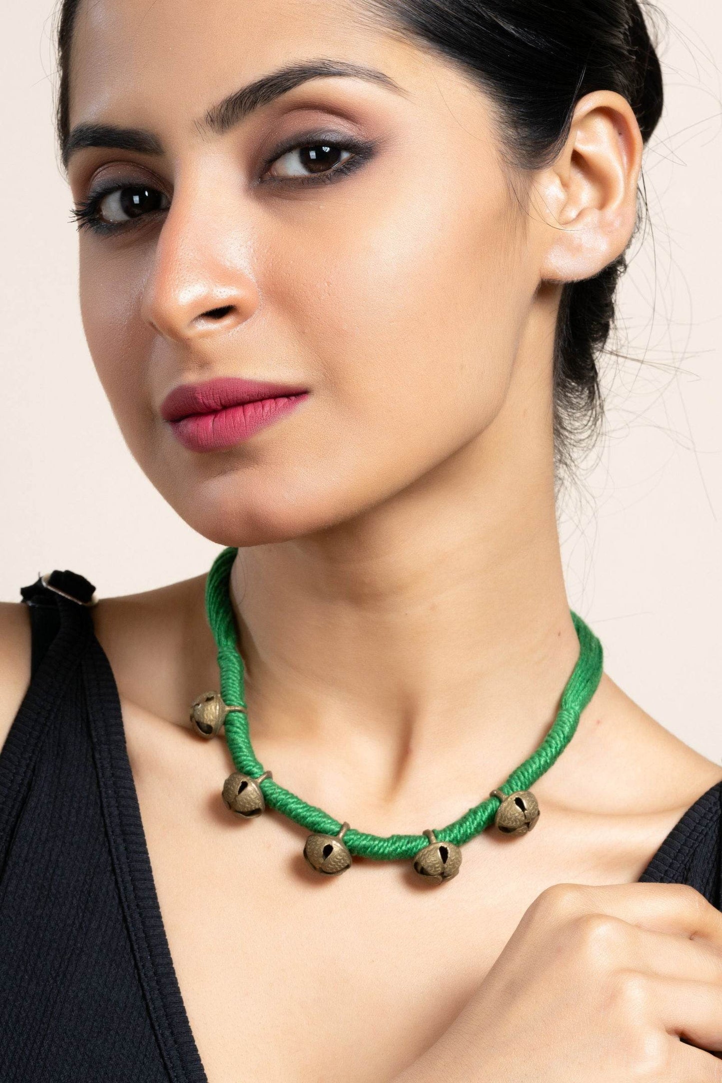 Handmade Green Golden Ghungroo Neckpiece with Adjustable Dori for Women - Unique Lightweight Jewelry - Lookandadorn.com