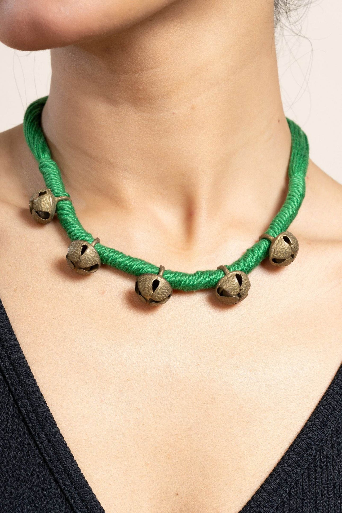 Handmade Green Golden Ghungroo Neckpiece with Adjustable Dori for Women - Unique Lightweight Jewelry - Lookandadorn.com