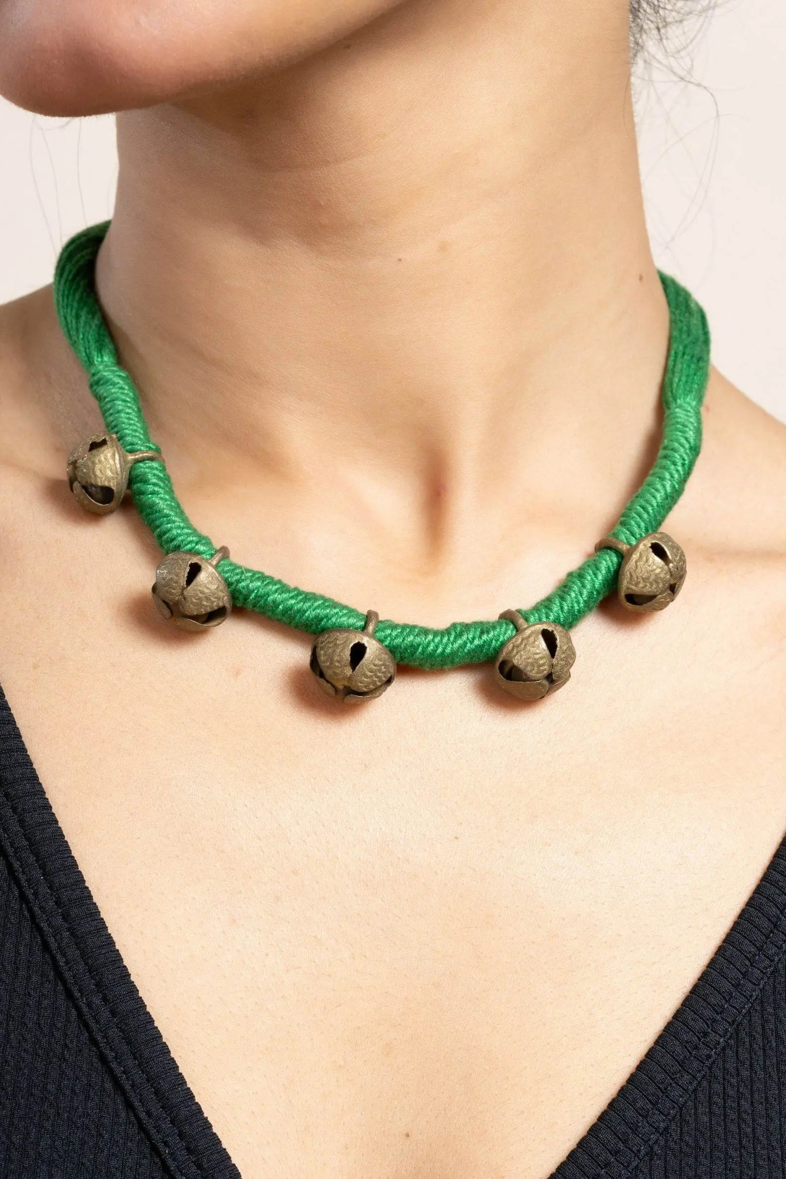 Handmade Green Golden Ghungroo Neckpiece with Adjustable Dori for Women - Unique Lightweight Jewelry - Lookandadorn.com