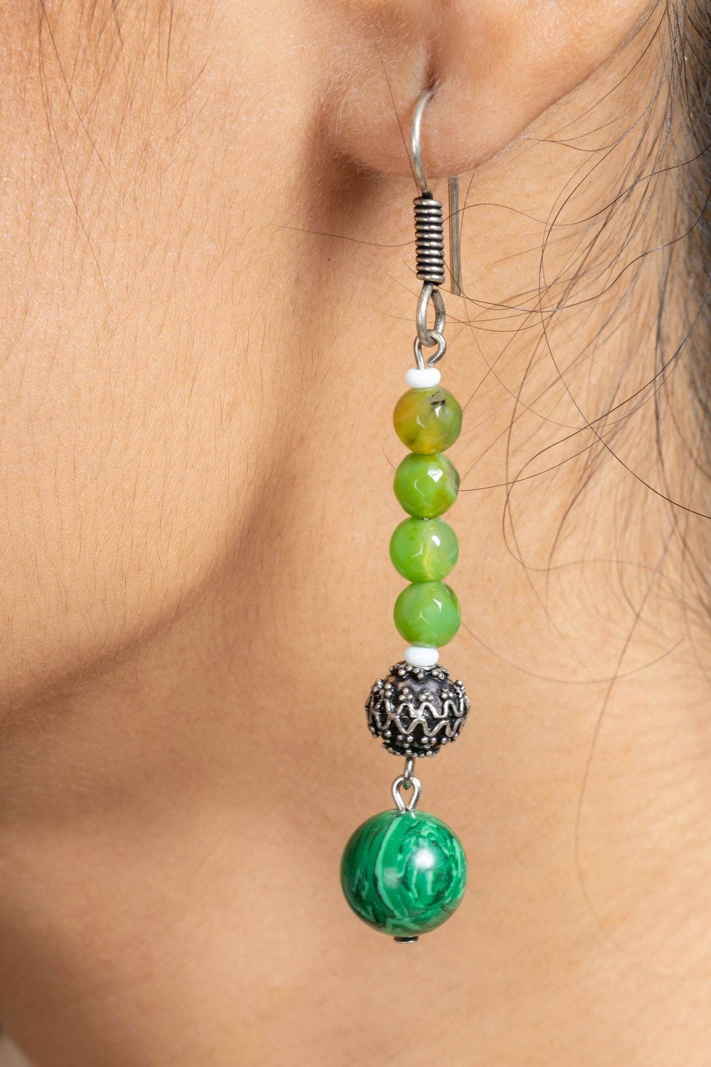 Handmade Green Malachite Onyx Dangle Earrings in German Silver - Unique Semi Precious Jewelry - Lookandadorn.com