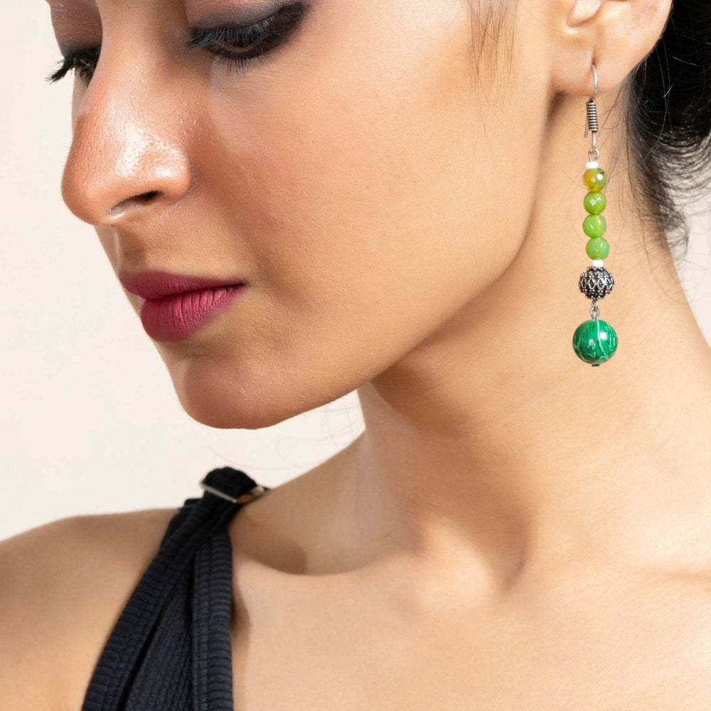 Handmade Green Malachite Onyx Dangle Earrings in German Silver - Unique Semi Precious Jewelry - Lookandadorn.com