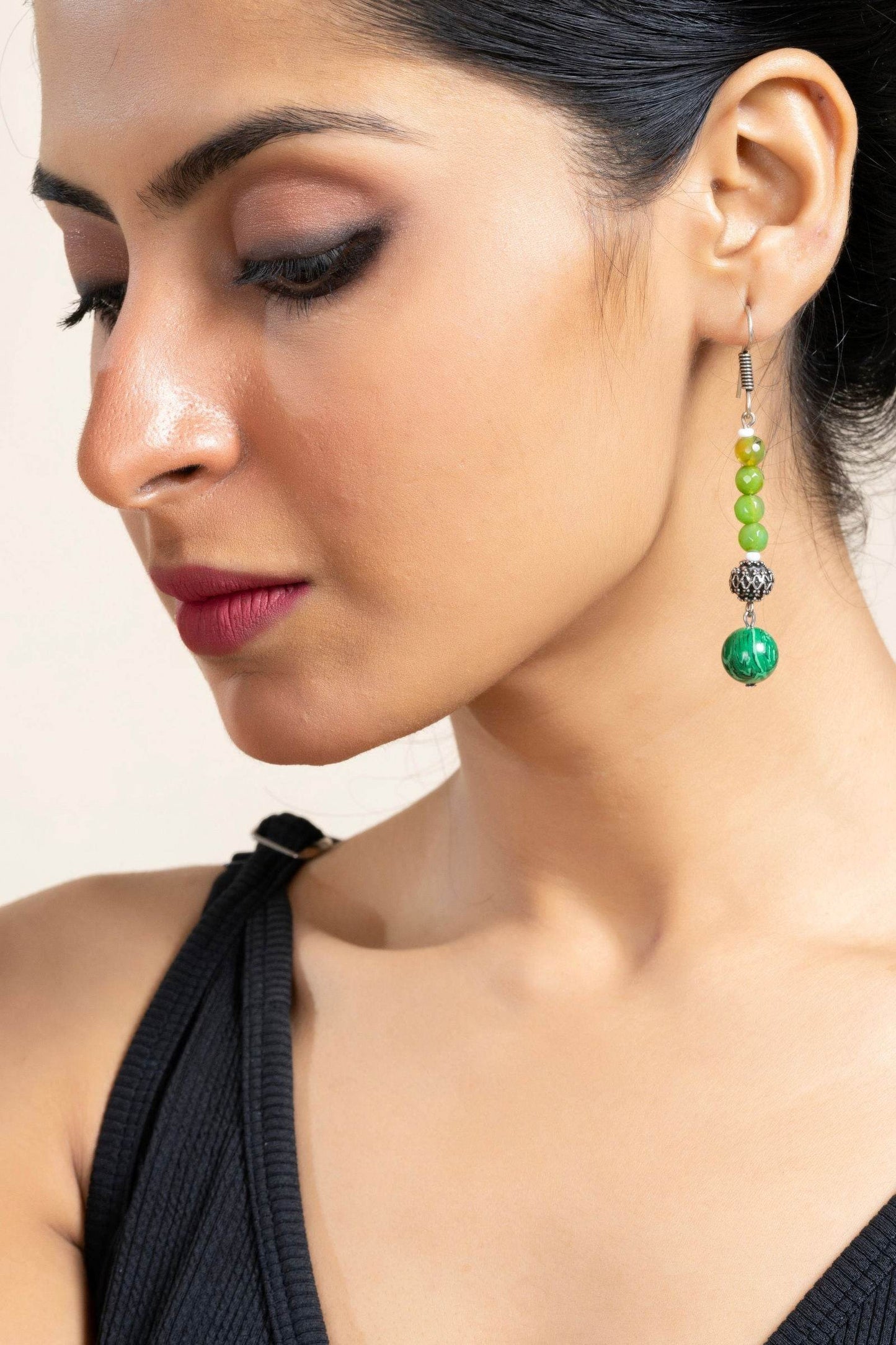 Handmade Green Malachite Onyx Dangle Earrings in German Silver - Unique Semi Precious Jewelry - Lookandadorn.com